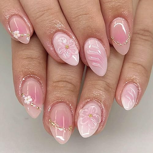 QQPPOLIU Pink Press on Nails Short Almond False Nails With Flower and 3d Coats Design for Girls Spring Nail 24pcs