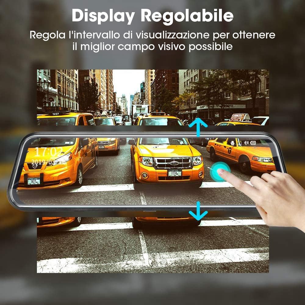【Neue Version】Jansite Specchio Retrovisore Auto 10 pollici Touchscreen, Posteriore e anteriore 1080P Mirror Dash Cam Specchietto Retrovisore con Cavi da 10m, Visione notturna grandangolare 170°
