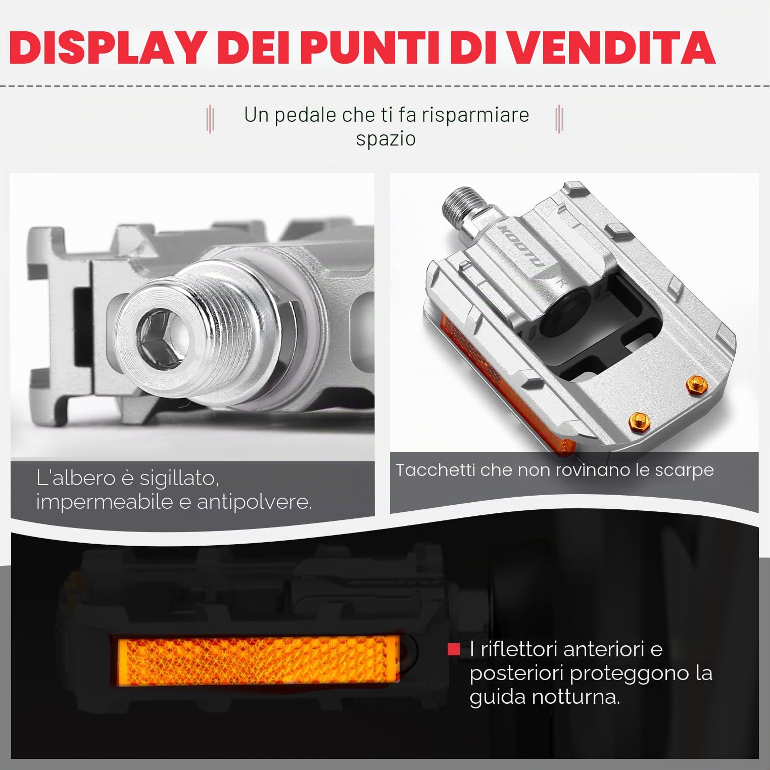 KOOTU Pedali bici con strisce riflettenti, pedale pieghevole universale 9/16 pollici Mountain Bike Pedali, antiscivolo in lega di alluminio Pedali bici per strada BMX MTB Bike