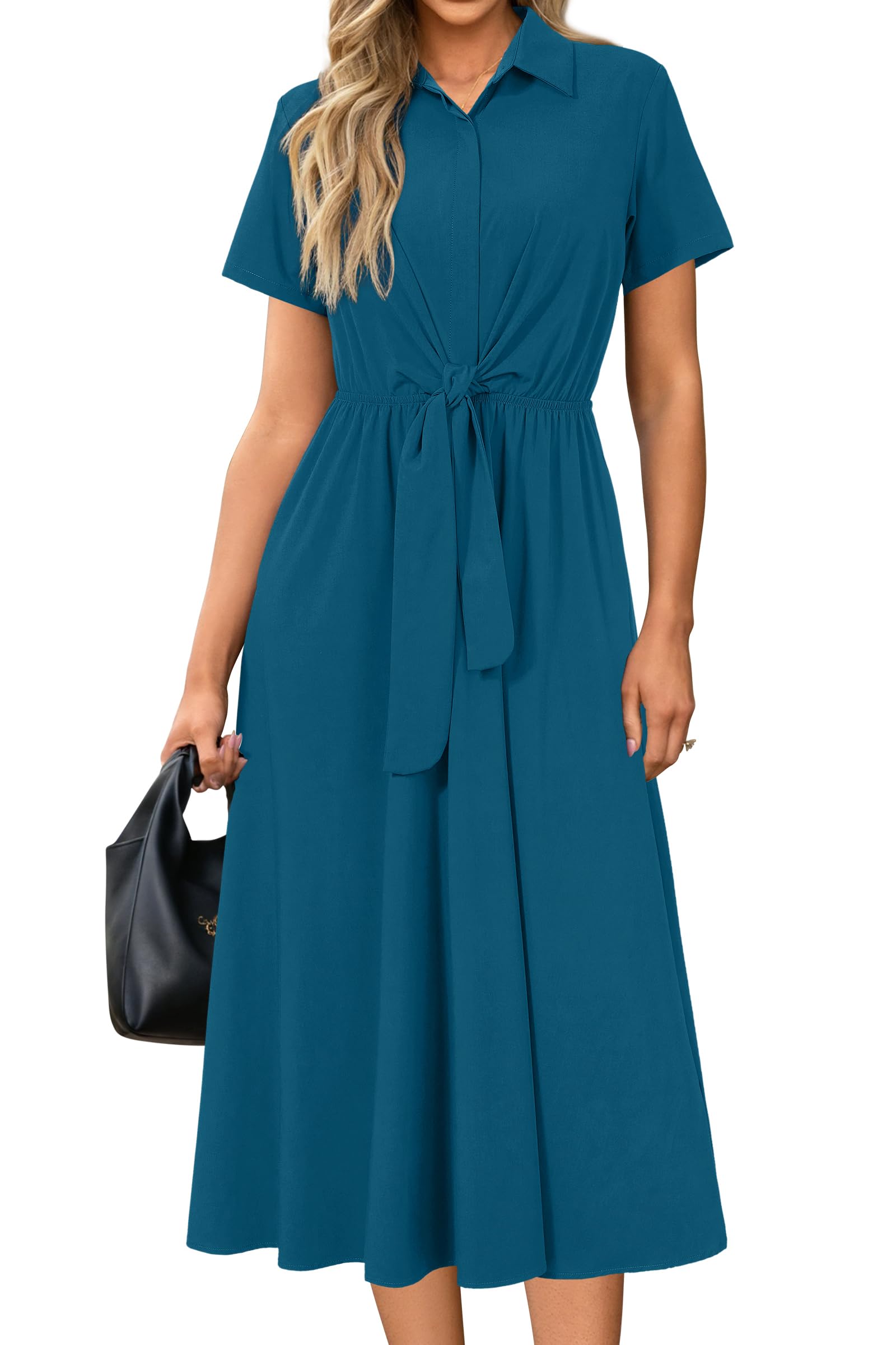 Newshows Women's Work Business Casual Outfits Tie Waist Midi Shirt Dress