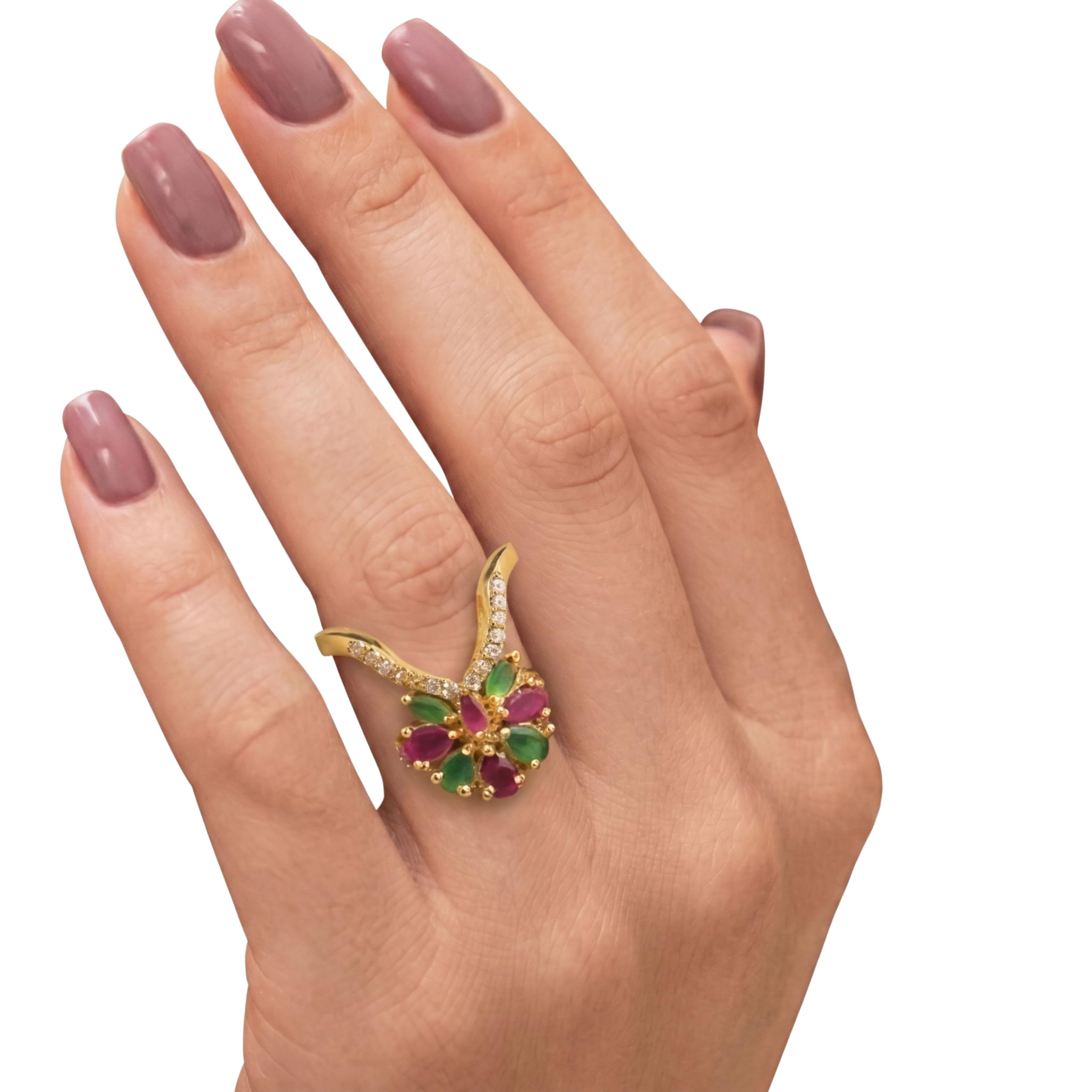 Gold Plated Floral Vanki Ring for Women | CZ Stone Finger Ring | Traditional South Indian Style Statement Ring for Girls & Women | V-Shape Band, Women's Fashion Jewellery-image-2