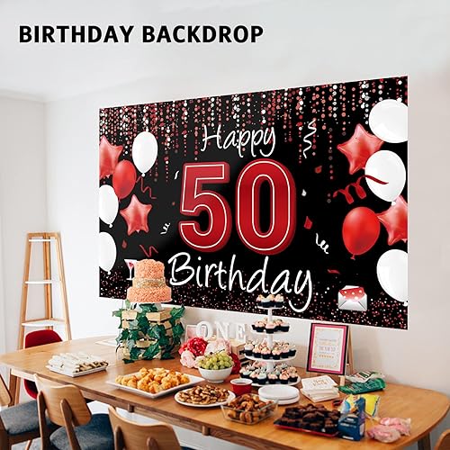 Miniatura 9 de Cartel de feliz cumpleaños 50 para patio, pancarta de feliz cumpleaños 50 para mujereshombres, telón de fondo grande de 50 cumpleaños, suministros