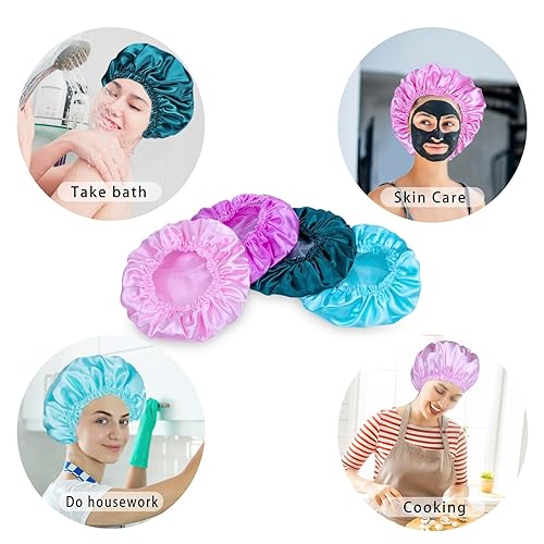 Vista 5 de Gorros de ducha para mujer, 4 gorras de baño elásticas y reutilizables, doble capa impermeable, gorras de ducha de baño, sombrero de baño