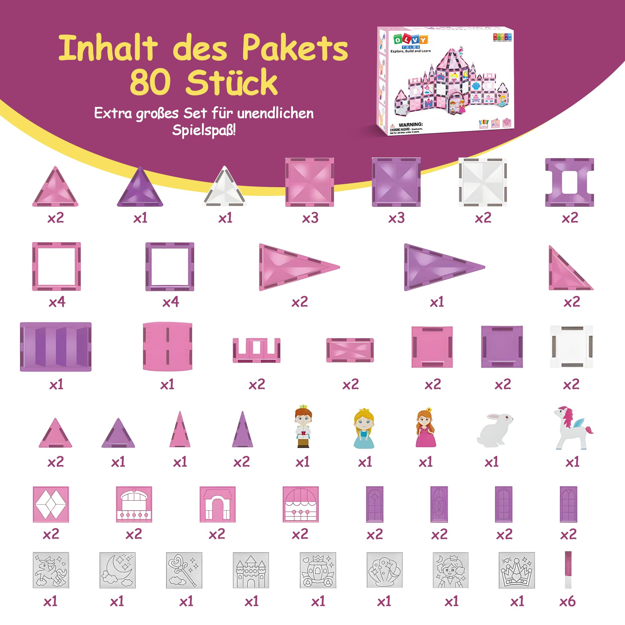 Olvy Magnetische Bausteine Montessori Spielzeug - 80 Magnetic Tiles Kinder - Magnetisches Konstruktionsspielzeug Ab 3 Jahre - Smart Playground Magnetbausteine, Magnetset Kinder (Prinzessin)