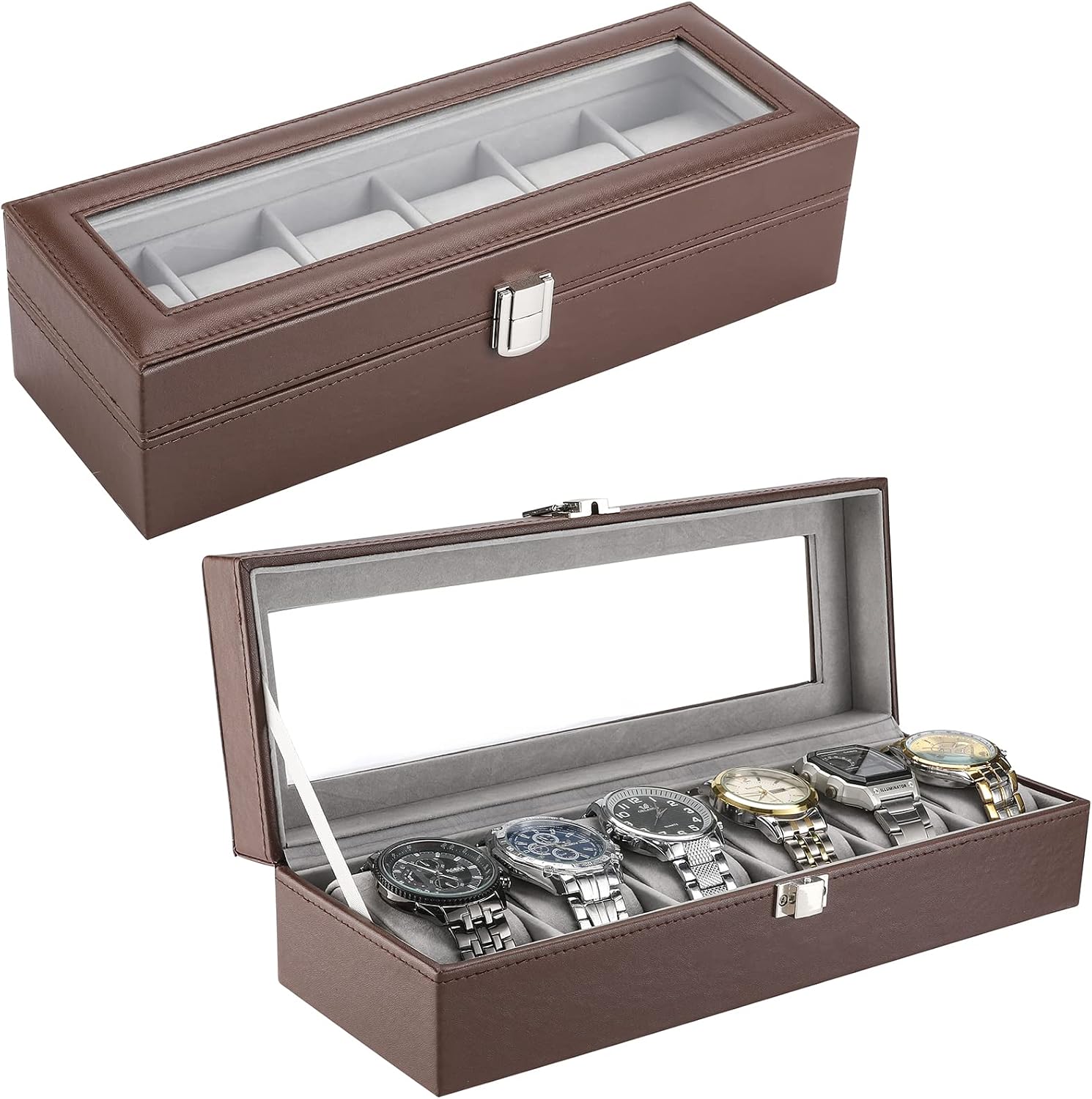 ProCase 6 Slots Watch Box Display Case Organizer for Men, PU Leather Watches Organizer Storage with Crystal Glass Lid -Espresso
