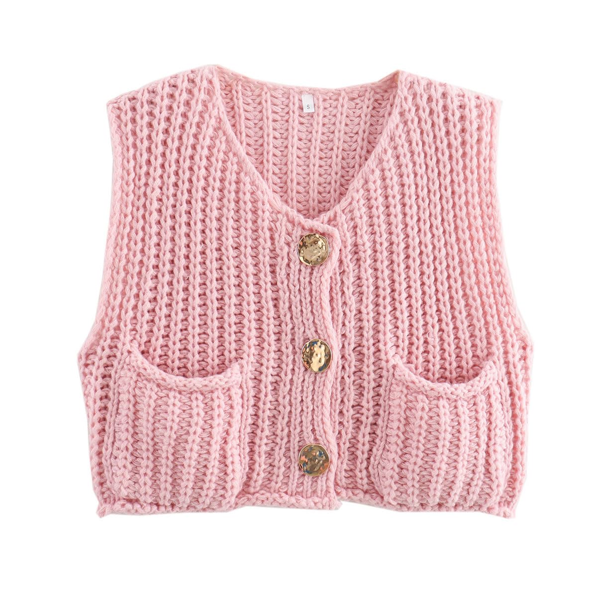 Womens Cardigan Maglione Vest Uncinetto Chunky Maglia Top Senza Maniche Pulsante Giù Crop Tops con Tasche
