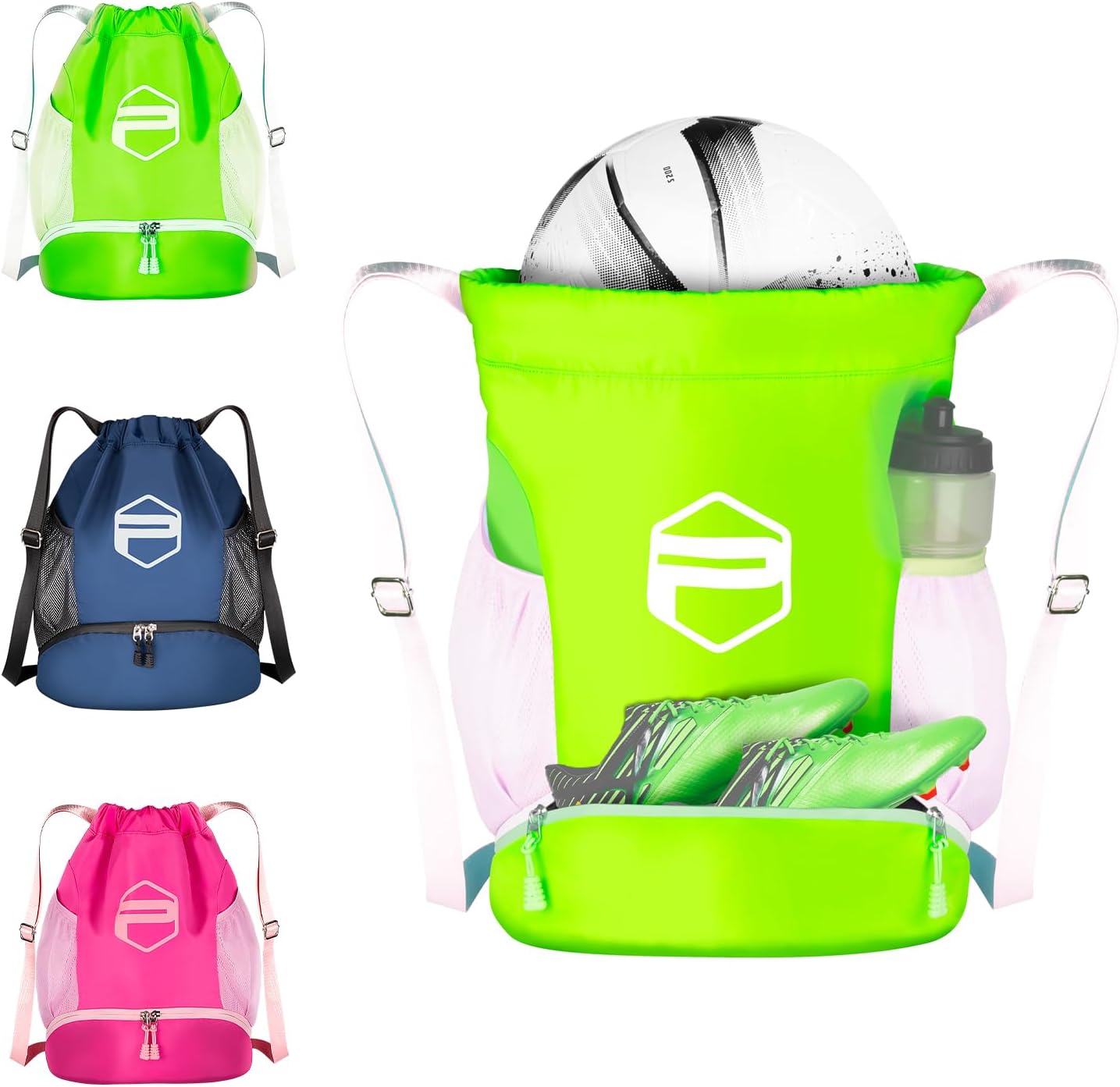 PP PICADOR Youth Soccer Bags for Boys Girls, Drawstring Backpack for Basketball Volleyball Football Sport Training Bag with Ball Shoe Dry and Wet Compartments Waterproof (Green)