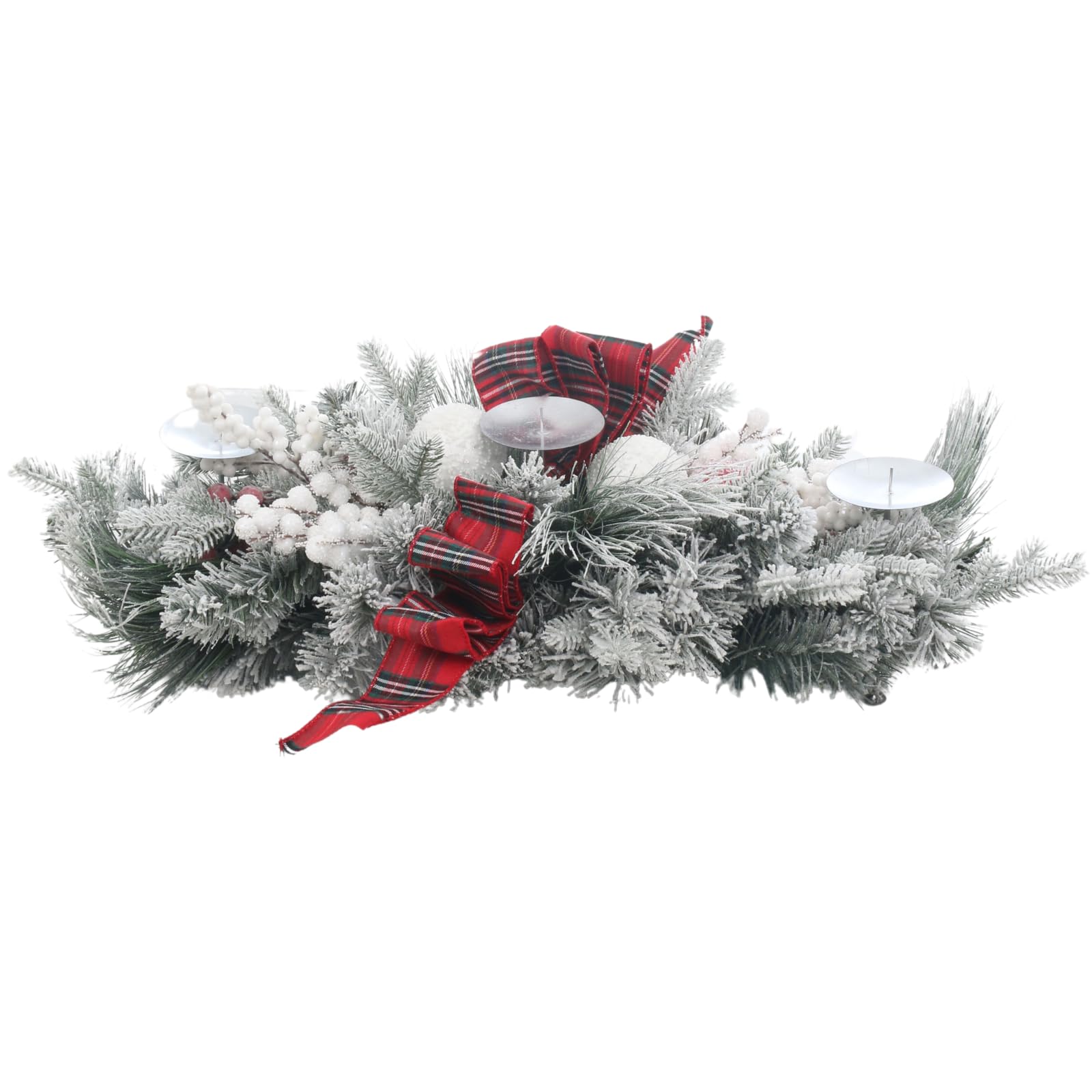 Mr Crimbo Red Christmas Table Centrepiece, 80Cm Snow-Kissed Pine, Larch & Fir With Tartan Ribbon, Baubles & Snowberries, 3 Candle Holders, Festive Decor