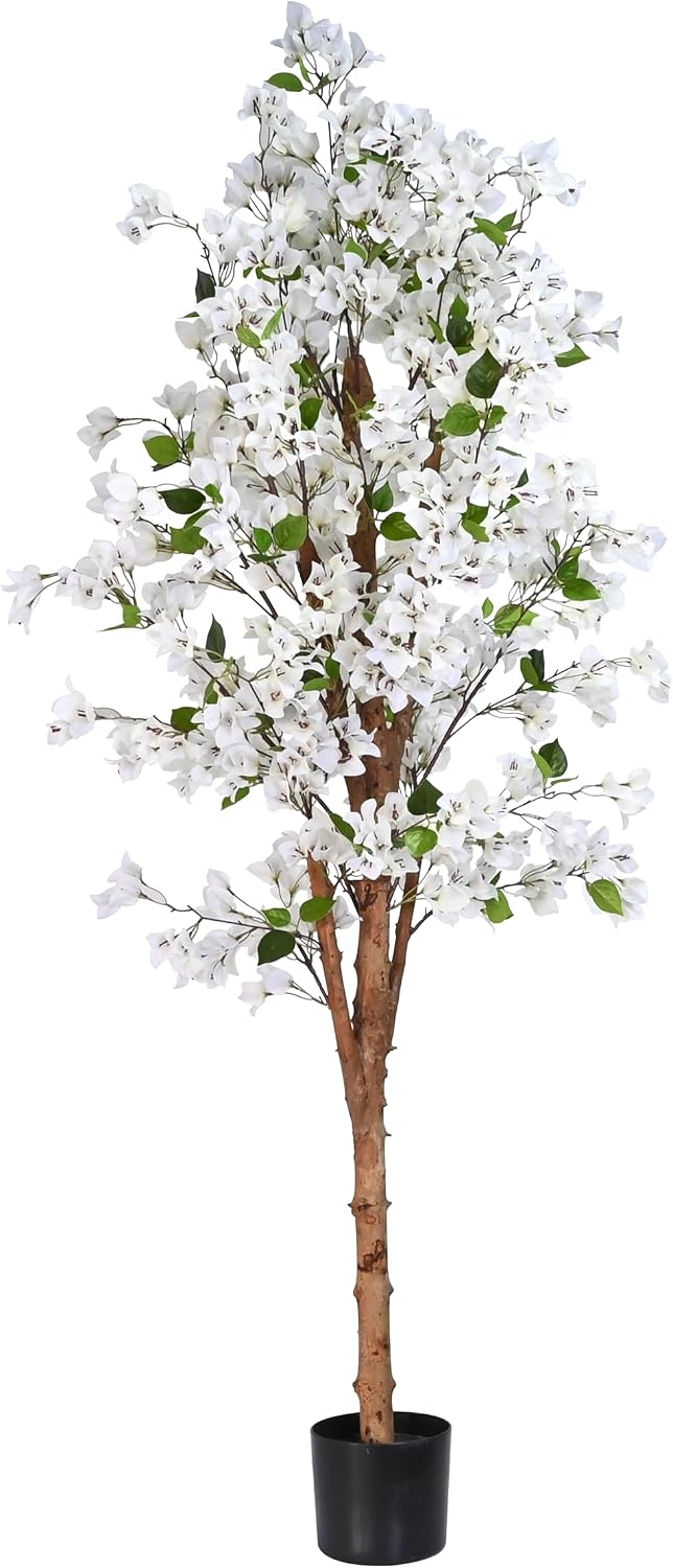 Lifelike Artificial Trees Bougainvillea with Natural Wood Trunks, Silk Faux Bougainvillea Trees with Silk White Flowers, Home Decor Indoor for Living Room, Porch, Office (5FT)