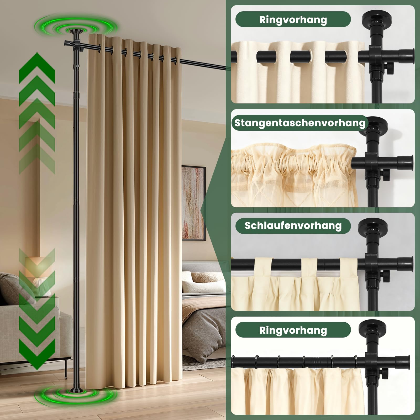 JILRON Barra de cortina sin agujeros, separador de espacios, barra de cortina de techo ajustable (H110-300 × B183-508 cm) para salón, apartamento de alquiler, negro