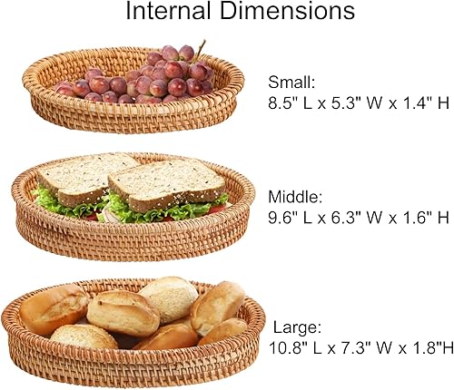 Miniatura 5 de ZEAYEA Juego de 3 cestas de pan de ratán, cestas de frutas tejidas naturales hechas a mano para despensa de cocina, bandeja ovalada apilable de