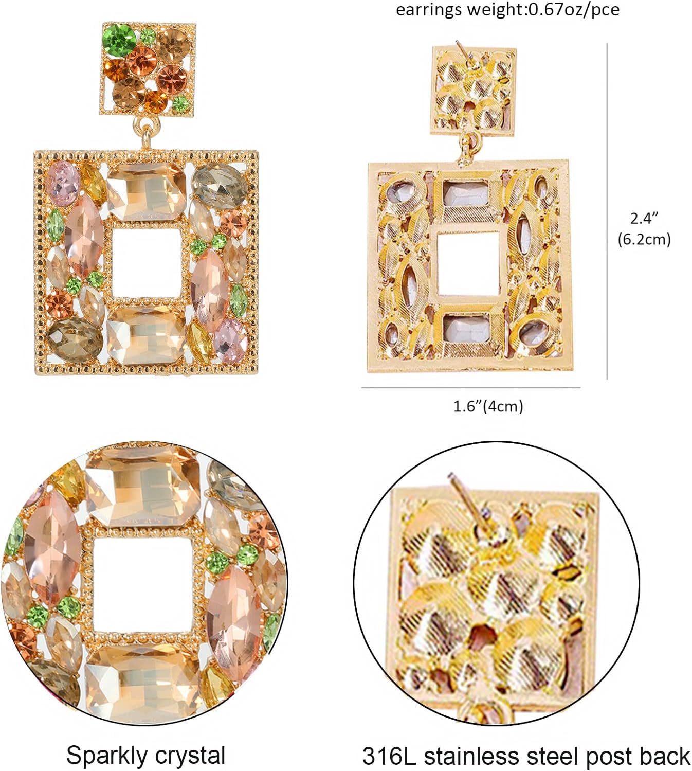 Rhinestone Square Statement Dangle Earrings Trendy Crystal Geometric Drop Earrings Hypoallergenic Jewelry for Women Party - Image 5