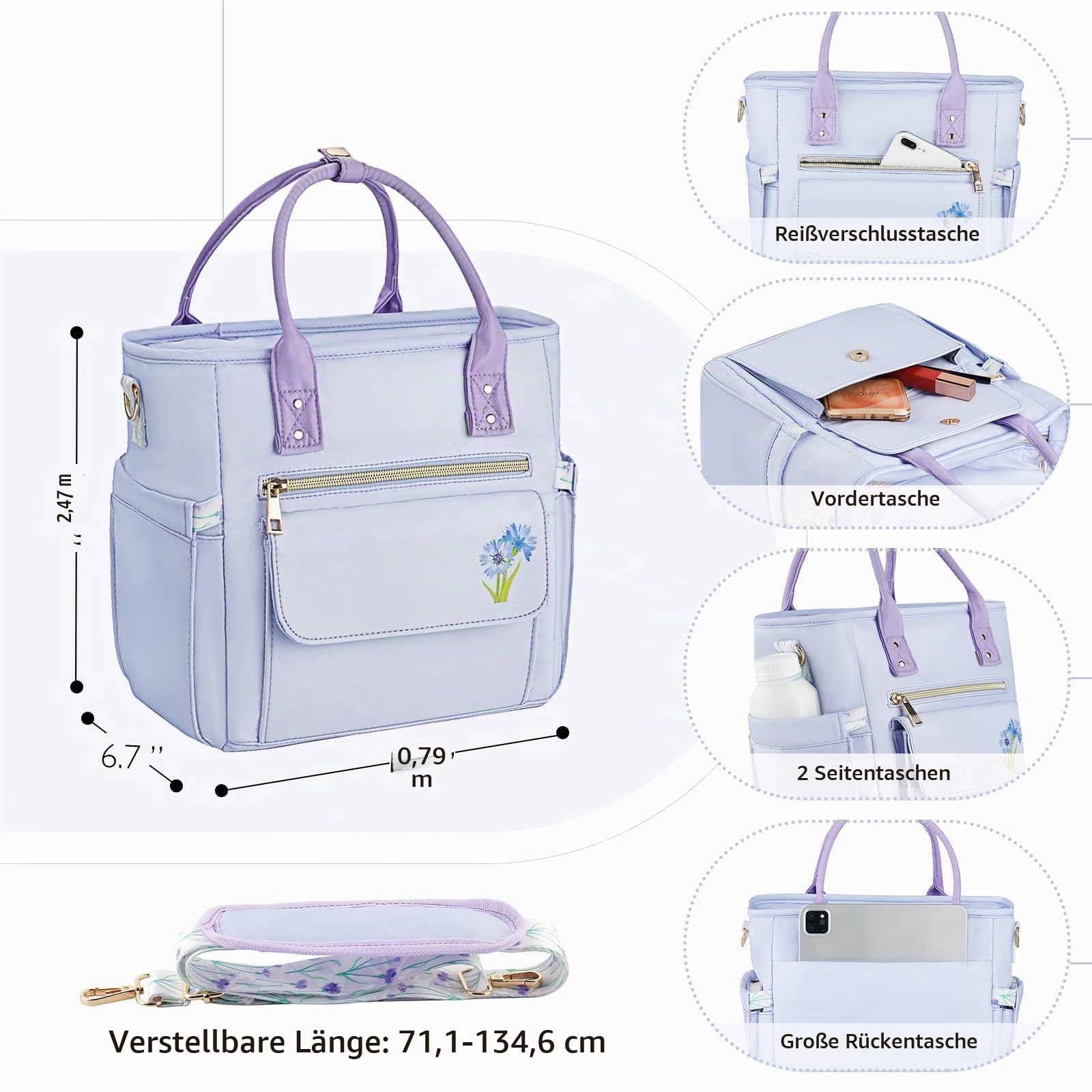 Hihealer Deluxe Lunch Tasche Damen mit Seltenem Blumenmuster - Große Auslaufsichere Isolierte Kühltasche mit Mehreren Taschen und Abnehmbarem Gurt für Arbeit/Picknick Weihnachtsgeschenke für Frauen