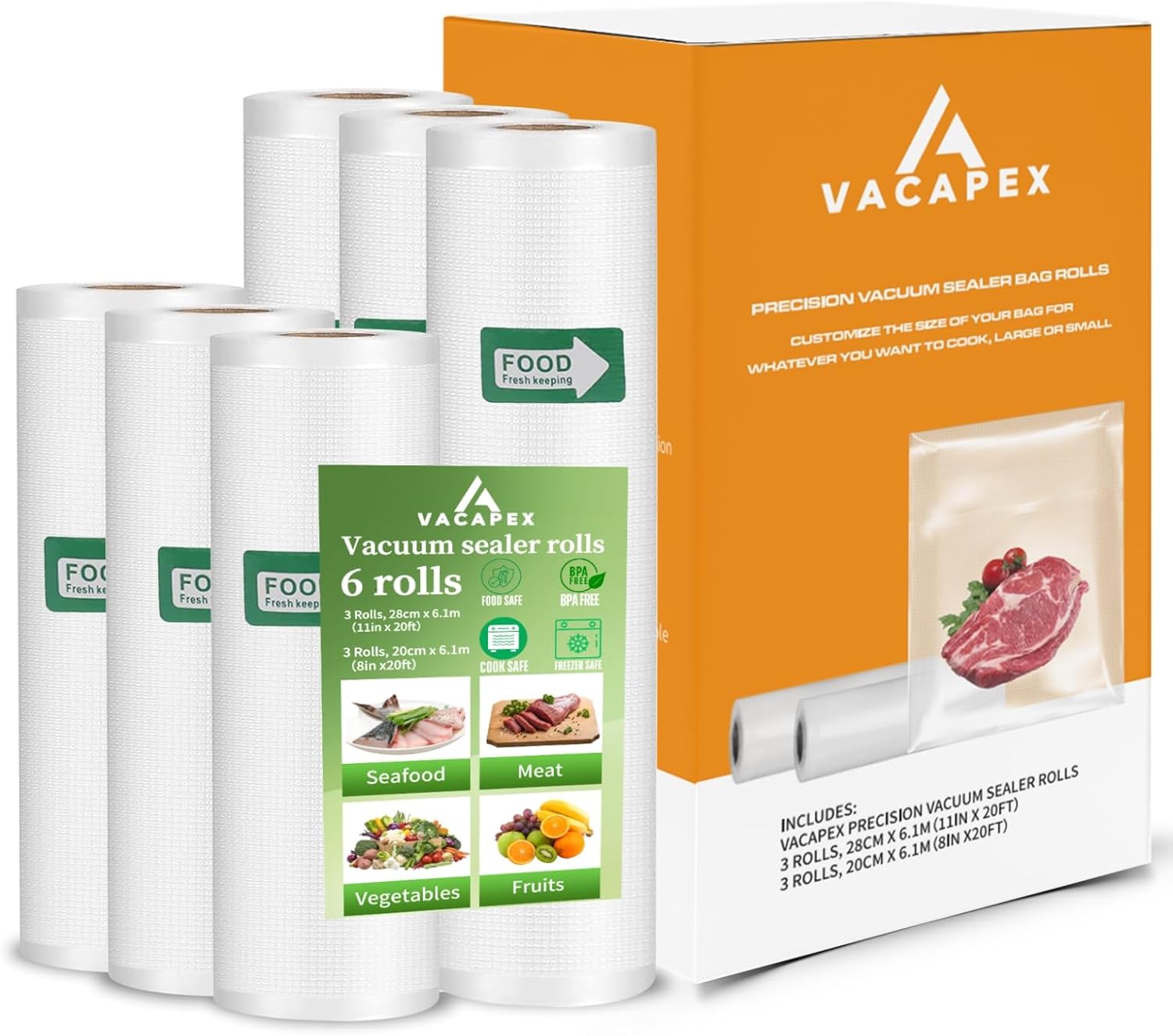 Vacuum Sealer Bags Rolls for Food, VACAPEX 6 Rolls for Custom Fit Food Storage, Meal Prep or Sous Vide, 8" x 20' (3 Rolls) and 11"x 20' (3 Rolls) Commercial Grade Vacuum Seal Freezer Bags Rolls