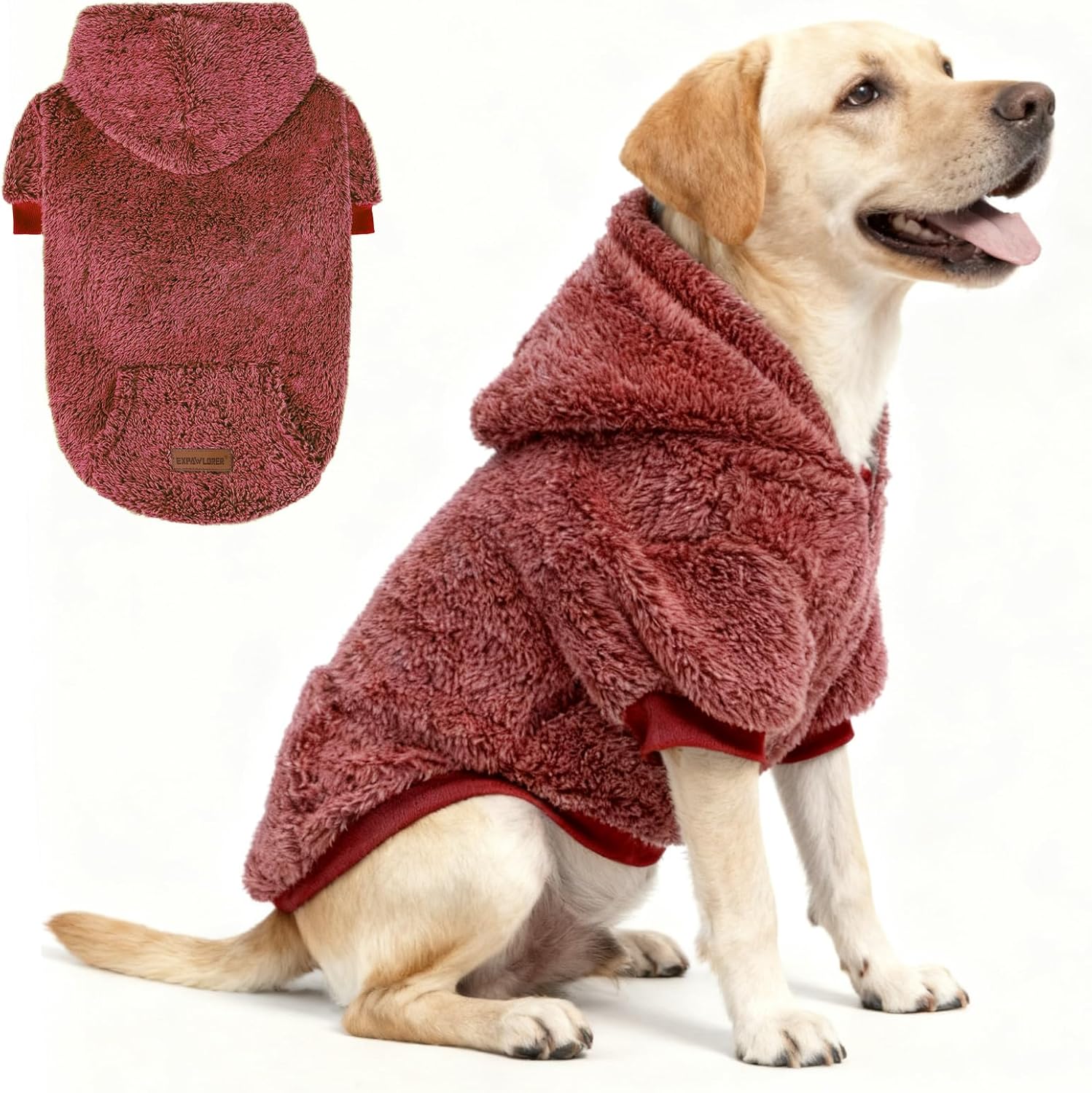 EXPAWLORER Fuzzy Dog Sweaters, Double-Sided Plush Fleece Soft Doggie Hoodie with Leash Hole, Pet Cold Weather Clothes Winter Coat, Sherpa Hooded Sweatshirt for Small Medium Large Dogs(Pink XL)
