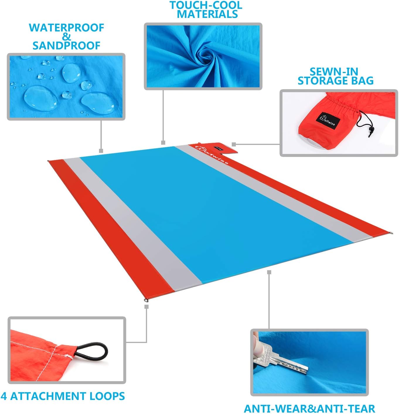 WolfWise Sand Escape Beach Blanket, Water Resistant Beach Mat Extra Large Compact Picnic Pocket Blanket, Lightweight with 4 Stakes, Red