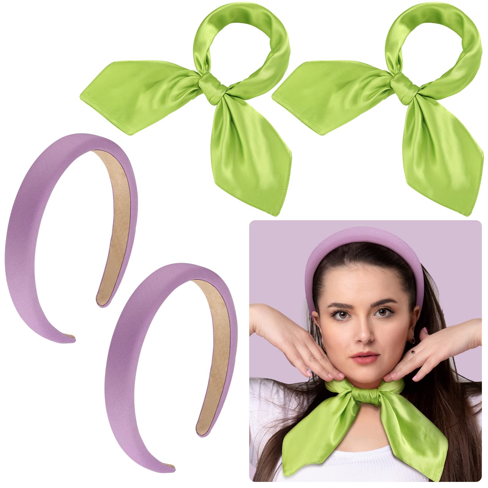 Hanaive4 Pieces Women Halloween Costume Accessories Green Satin Square Scarf and Purple Headband Puffy Hair Accessories Set for Women Cosplay Party Costume