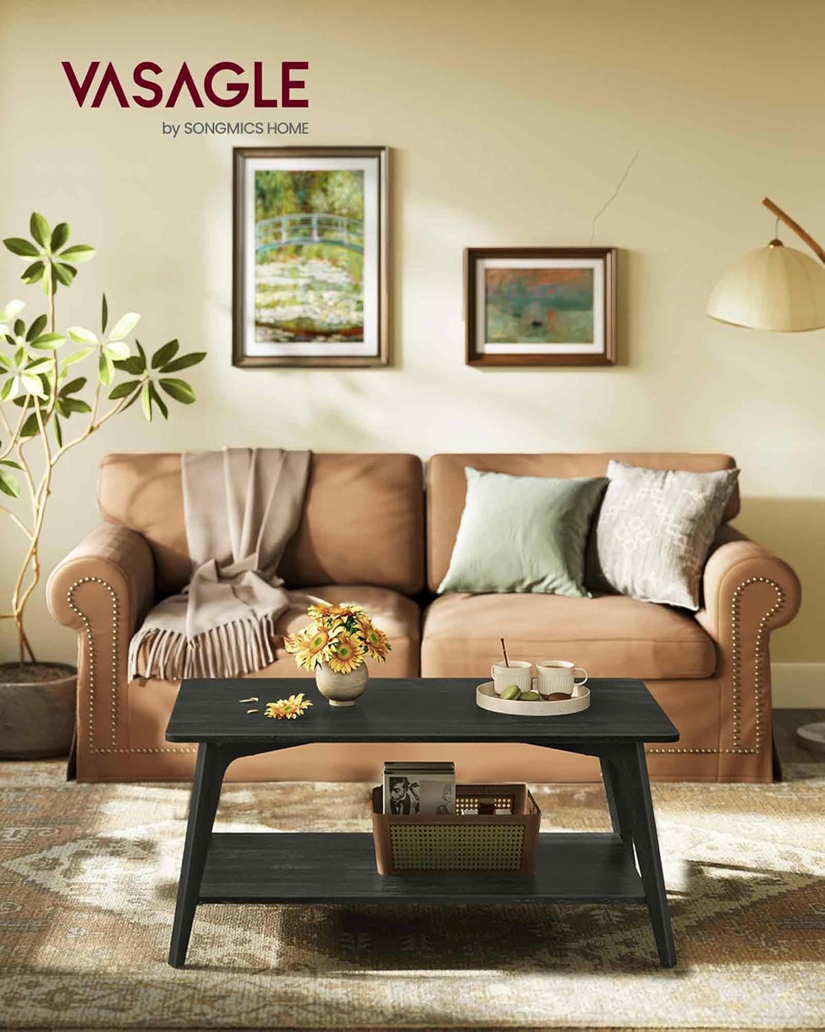 vasagle maezo collection - coffee table, 2-tier center table with storage, tapered legs, curved transitions, 21.7 x 39.4 x 17.7 inches, easy to assemble, for living room, charcoal gray ulct249b01