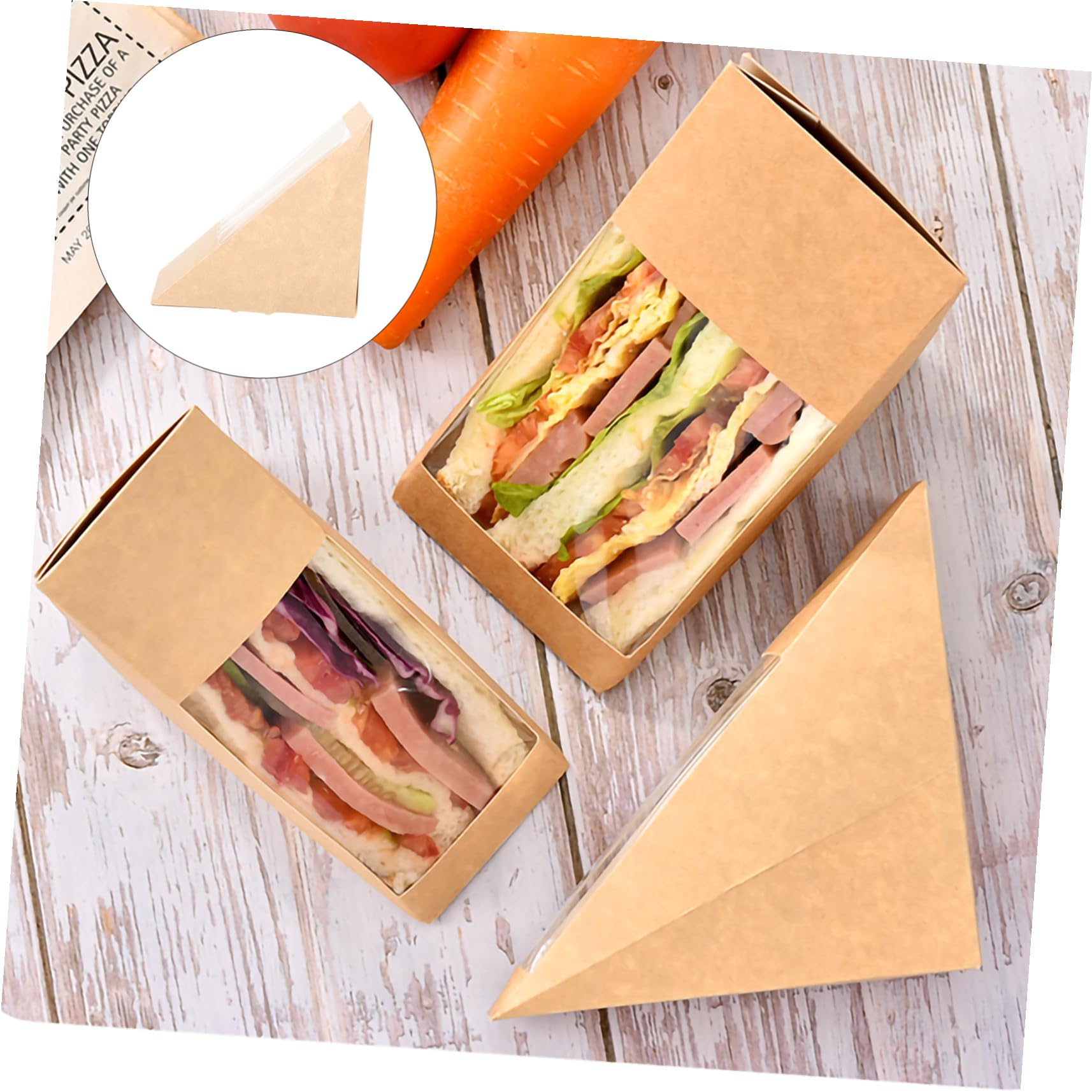 Brotdose 100 Stück Verpackung aus Kraftpapier Papier mit Transparentem Fenster Leichte Dreieckige Sandwichbox für Bäckereien und Teestuben