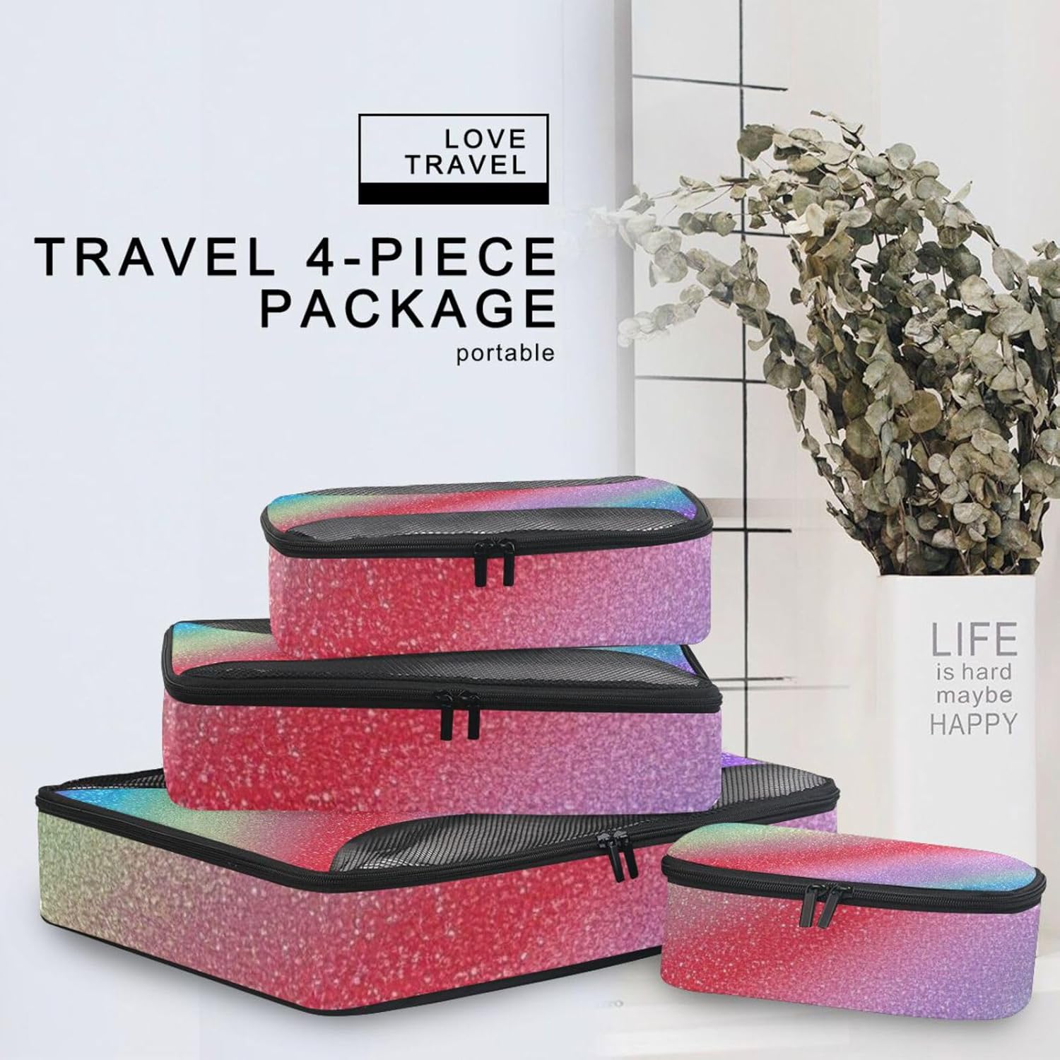 Rainbow Gradient Glitter 4 Pcs set organizer bags for Mesh Travel Essentials expandable packing cubes for carry