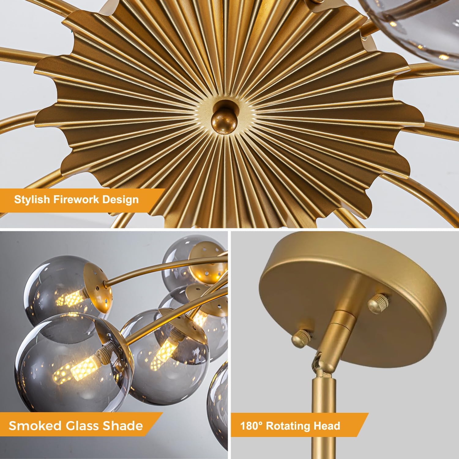 Blossom Sputnik Smoked Glass Bubble Chandelier Gold 12-Light Mid Century Starburst Chandelier Bubble Pendant Light Fixture Farmhouse Unique Lighting for Dining Room