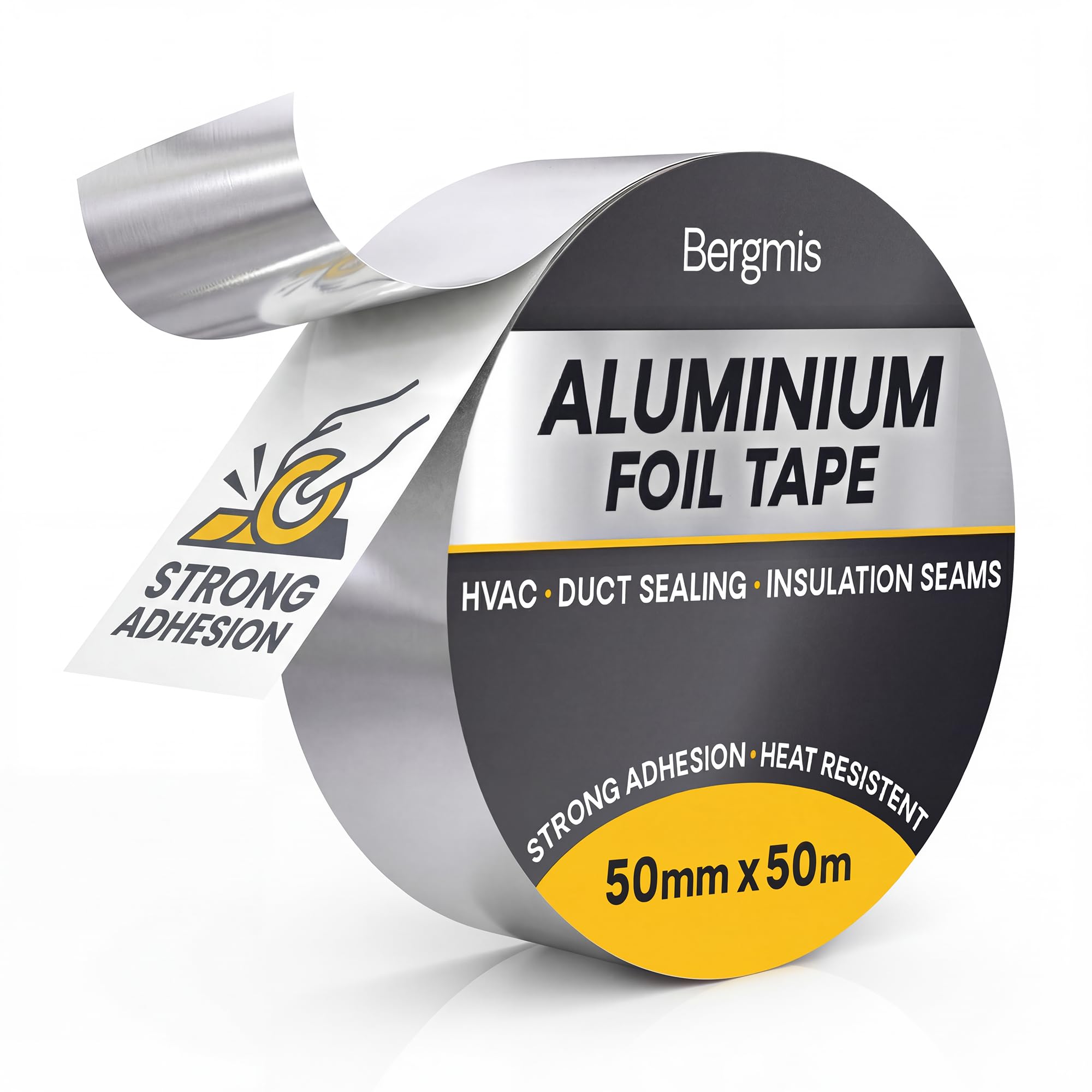 Bergmis Aluminium Foil Tape 50mm x 50m Roll - HVAC Flashing & Plumbers Pipe Lagging - Heat Resistant Heavy Duty Insulation Sealer - Waterproof Silver Adhesive - Strong Aluminium Foil Repair Wrap