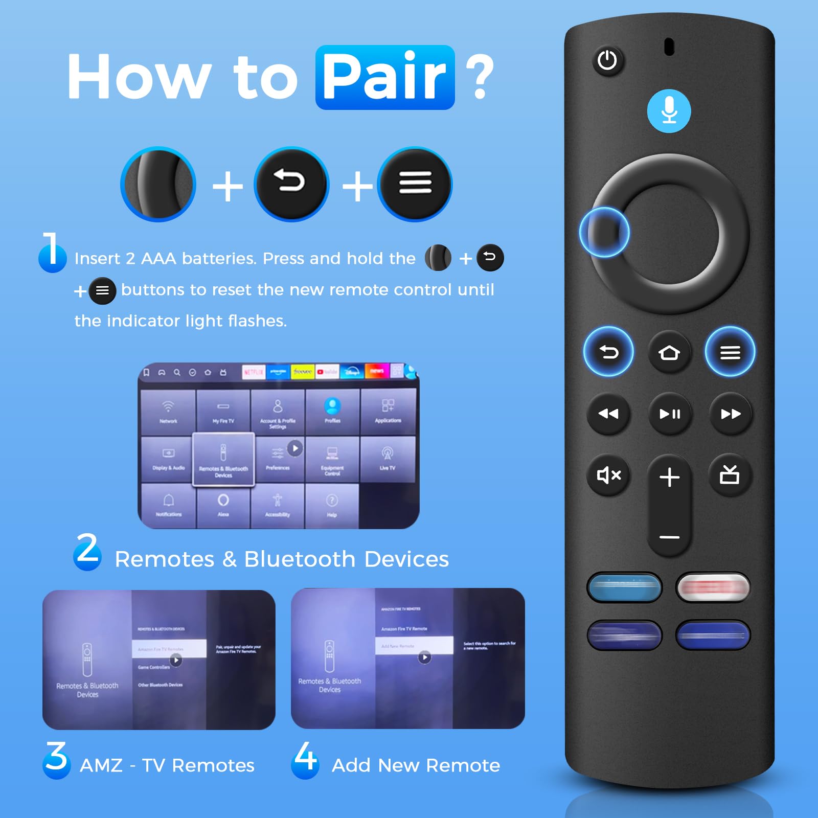 Télécommande Vocale de Remplacement 3e Génération Compatible avec Fire TV Stick 2/3 Gen 4K 4K Max Lite HD Fire TV Cube 2nd 3rd Gen Bluetooth 4 Touches Raccourcis