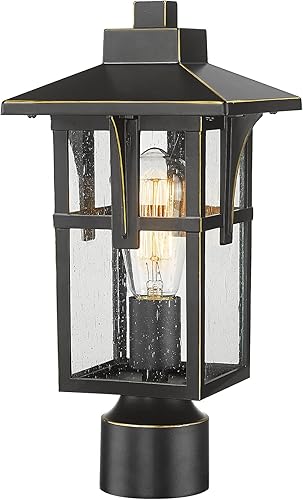 HWH INVESTMENT Luz de poste exterior, farol de poste para exteriores con pantalla de vidrio semillado, lámpara de pilar negro mate con borde dorado,