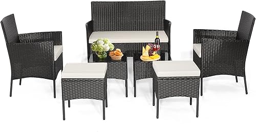 Tangkula Juego de sofá de ratán de 7 piezas, juego de muebles de mimbre con 2 mesas laterales y 2 otomanas, marco de metal sólido, cojines suaves,