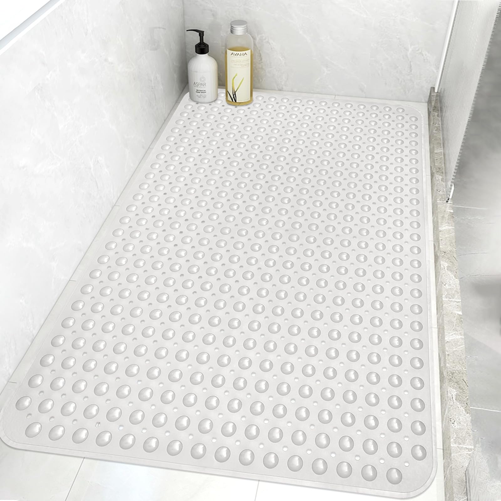Alfombrilla de ducha grande antideslizante, 80 x 120 cm: suave TPE con orificios de drenaje y ventosas, alfombrilla antideslizante para ducha, lavable a máquina, antibacteriana, resistente al