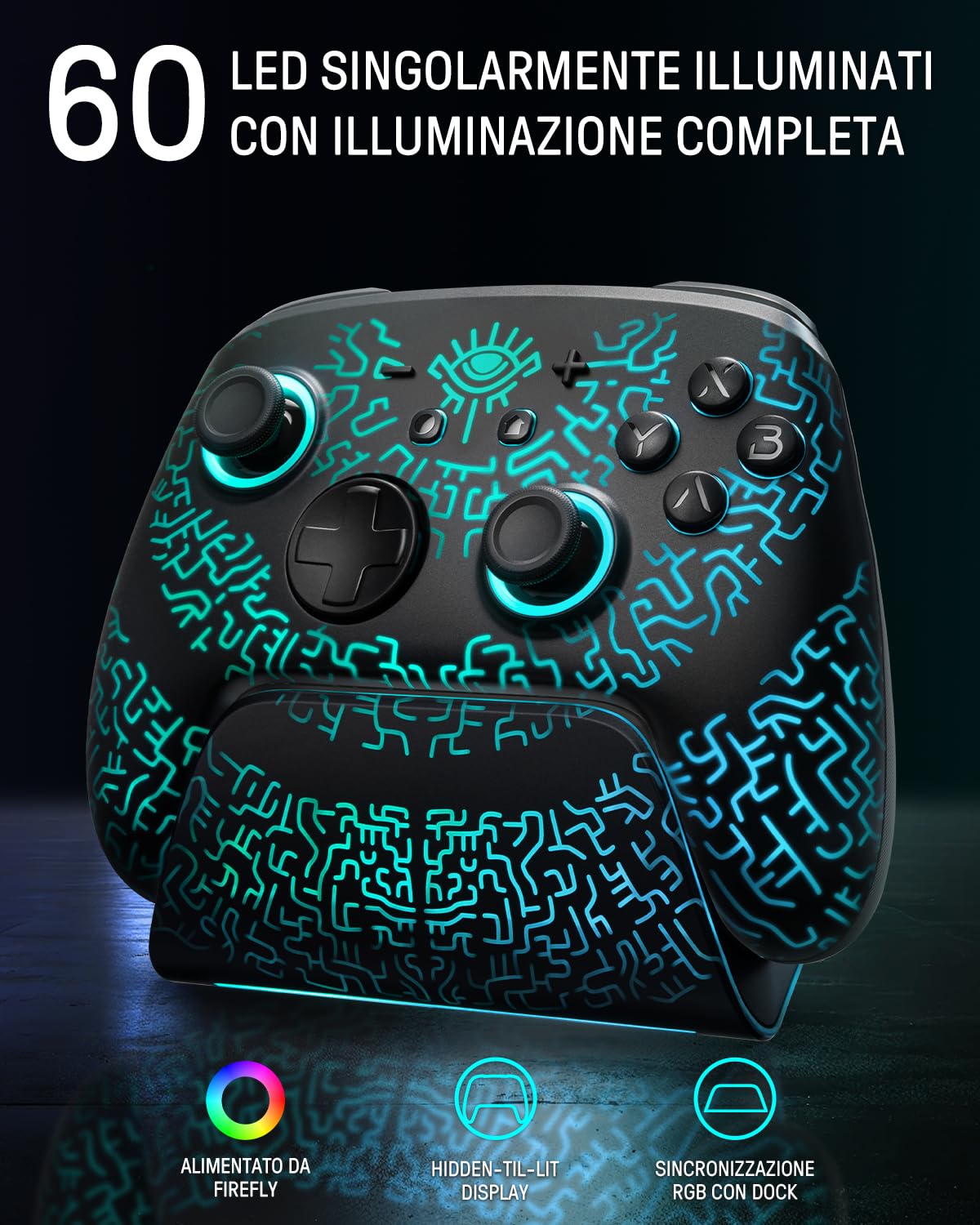 Luminex Controller Switch 2 con Dock di Ricarica, Pro Controller Wireless Compatibile Con Switch 2/Switch/OLED, Bluetooth Joypad Con Effetto Hall/7 Colori LED/Turbo/Link App - Minatore Nero