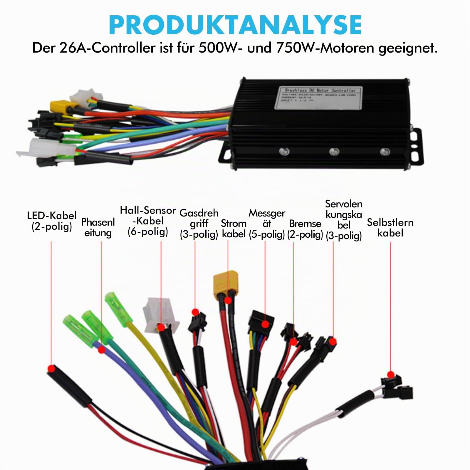 Elektrofahrrad Brushless Motor Controller Kit, 36V 48V 500W 750W 26A, 3 Betriebsmodi Sinuswelle Motorsteuerung Controller mit S100 LCD Display für E-Bike