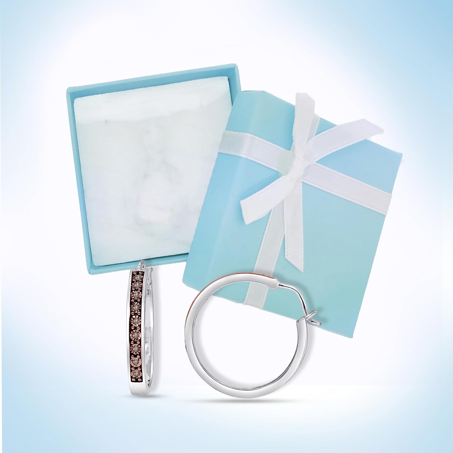 1/10 Carat Total Weight (cttw) 925 Sterling Silver Diamond Hoop Earrings For Women, Available With Black, Blue, Brown & White Diamonds