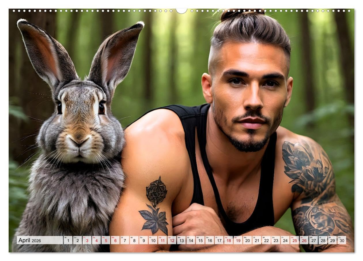 Naturburschen im Wald - Muskeln, Tattoos und Waldbewohner (hochwertiger Premium Wandkalender 2026 DIN A2 quer), Kunstdruck in Hochglanz: Einzigartige ... in tiefen Wäldern (CALVENDO Tiere)