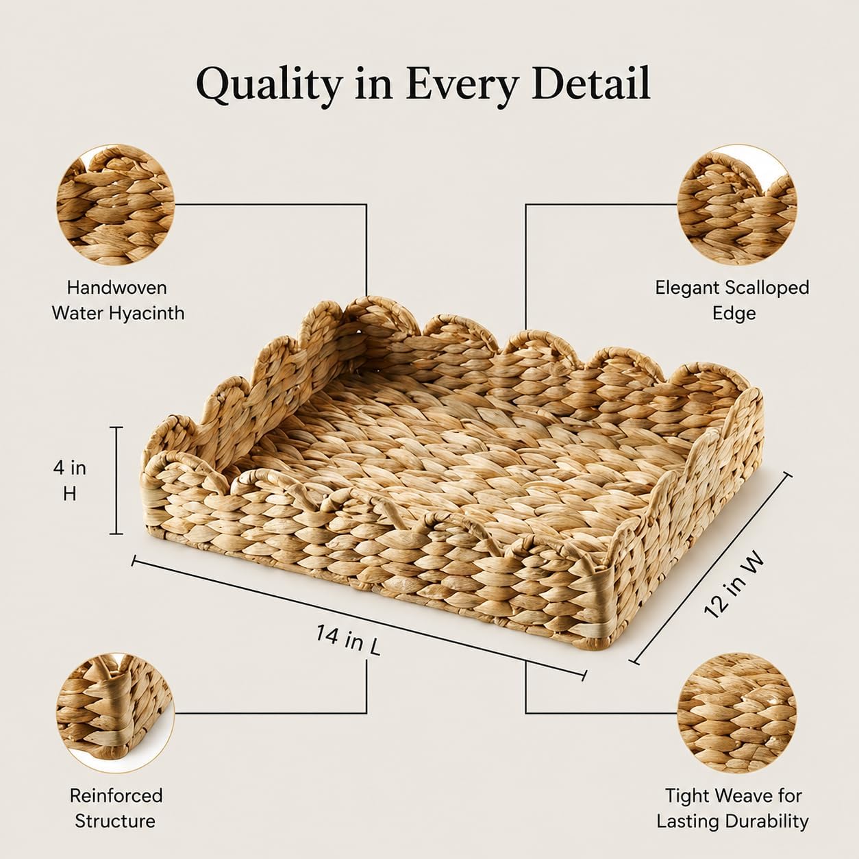 Handwoven Scalloped Decorative Tray - 14" L x 12" W x 4" H