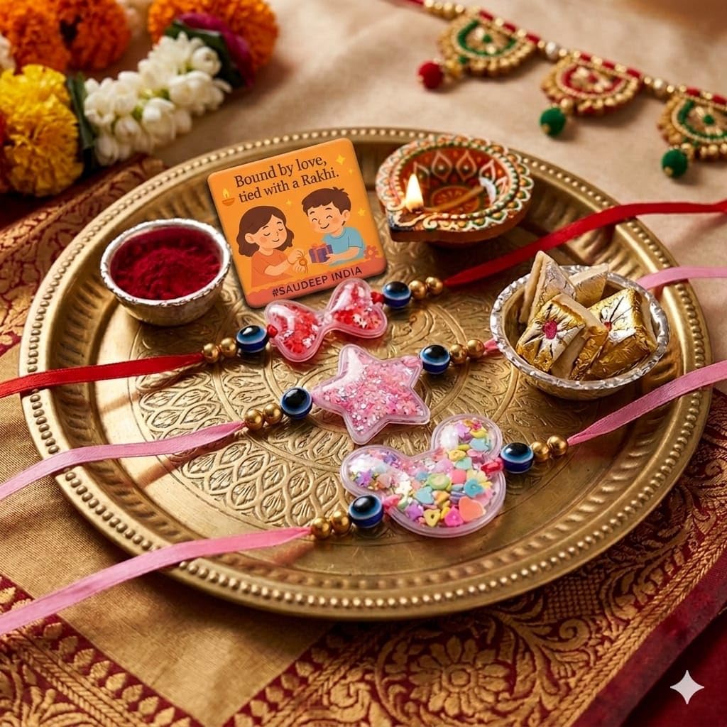 SAUDEEP INDIA Decorative Fridge Magnet for Refrigerator Decor | Kids Rakhi Set of 3 for Brother | Raksha Bandhan Gift Combo | Cotton Thread Cartoon Rakhi Festive Gift Home Decor Accessory