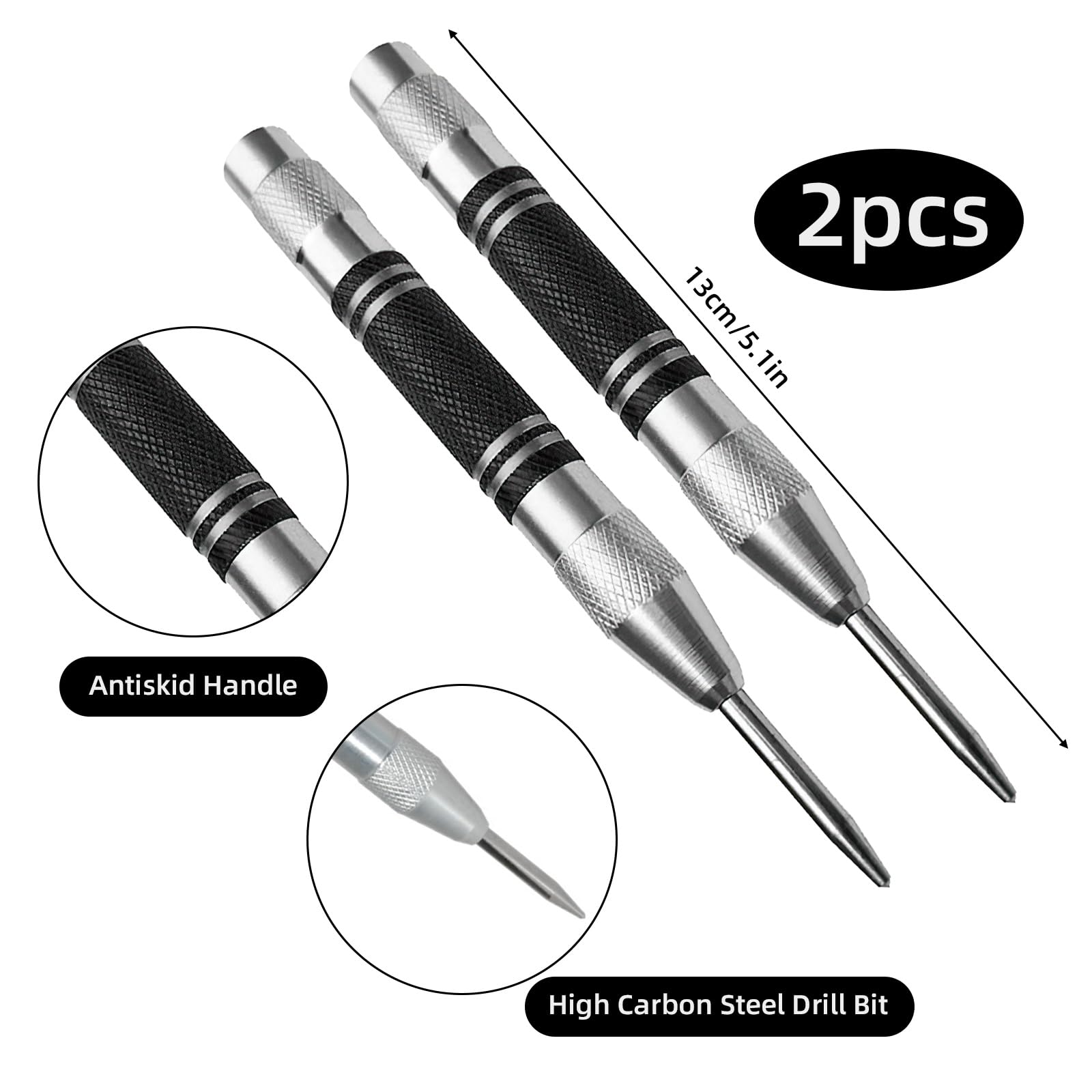 2 Pack Automatic Center Punch, Steel Adjustable One-Handed Spring Impact Loaded Center Hole Punch - Image 2