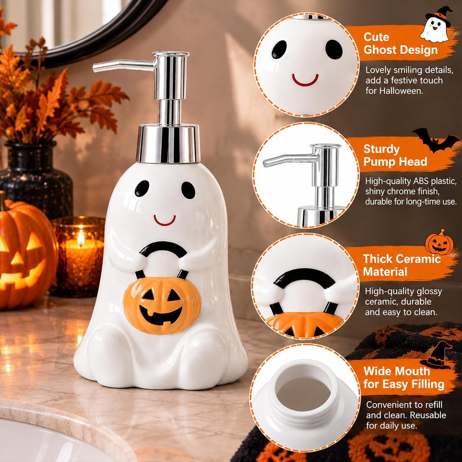 Halloween Ghost Ceramic Soap Dispenser Cute Ghost Pumpkin 280ml/9.5oz Refillable Liquid Hand Soap Pump Bottle Halloween Decorative Dispenser for Bathroom Countertop for Home Party Decor Gift