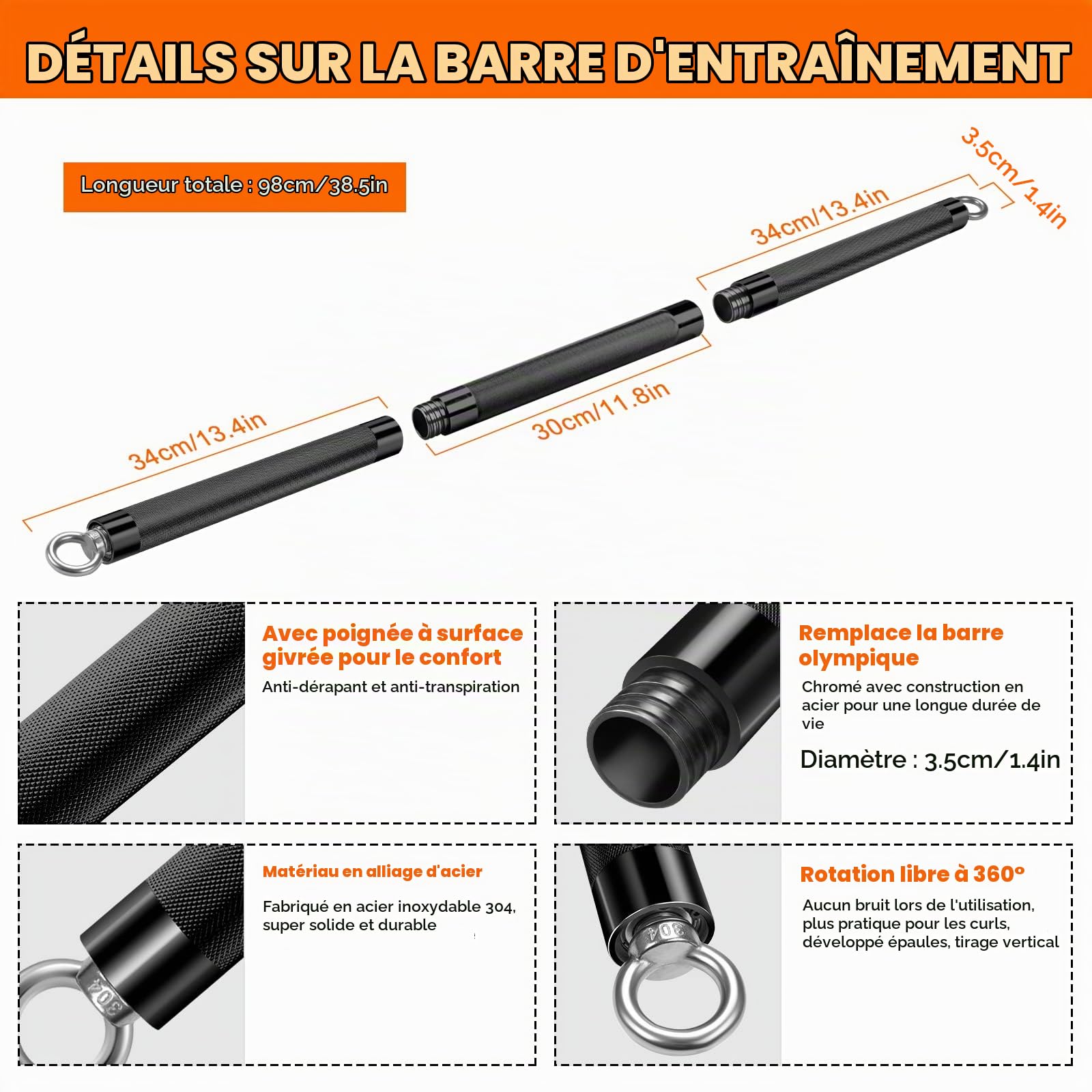 DASKING Barre de Bandes de Résistance, Détachable de 68cm/75cm/90cm/98cm Barres de Fitness, Kit de Smartworkout Bar en Acier Allié pour le Pilates,le Yoga, le Powerlifting, la musculation, le Home Gym