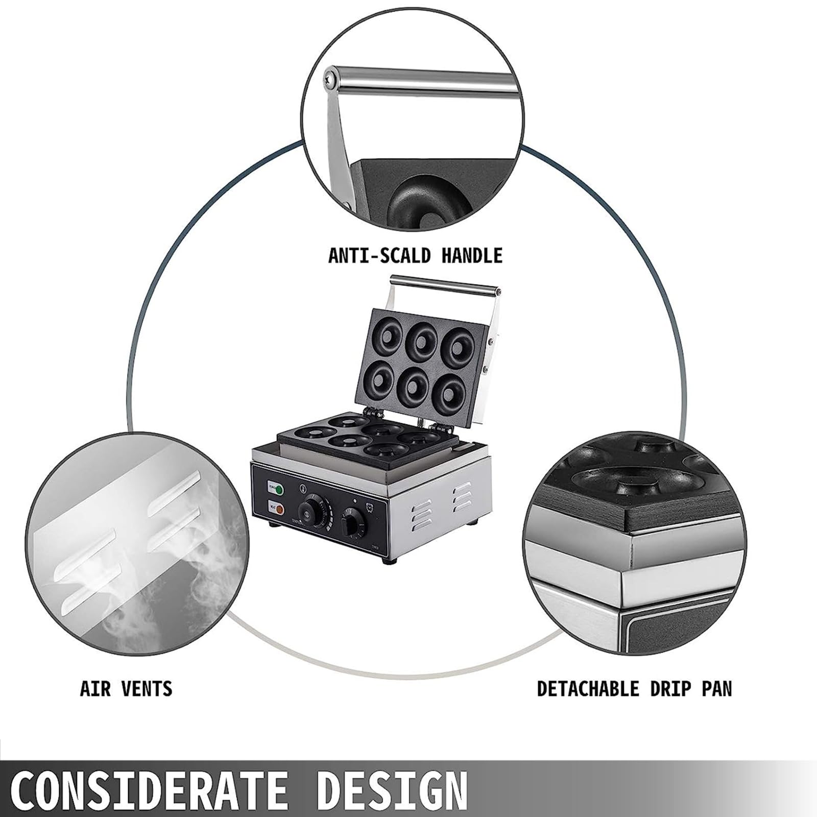 ERoomQ Commercial Donut Maker Machine, Double Sided Heated Donut Maker,W/Temperature Adjustment Knob and Timer, Adjustable