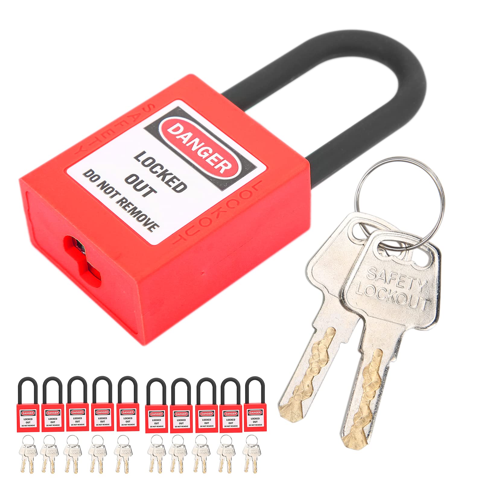 SIXRUN Candado de Seguridad PA de Nailon con Bloqueo y Etiquetado, Paquete de 10 Dispositivos de Bloqueo con Llave de 38 Mm con Diseño de Etiqueta de Grillete No Conductor para Uso Eléctrico (rojo)