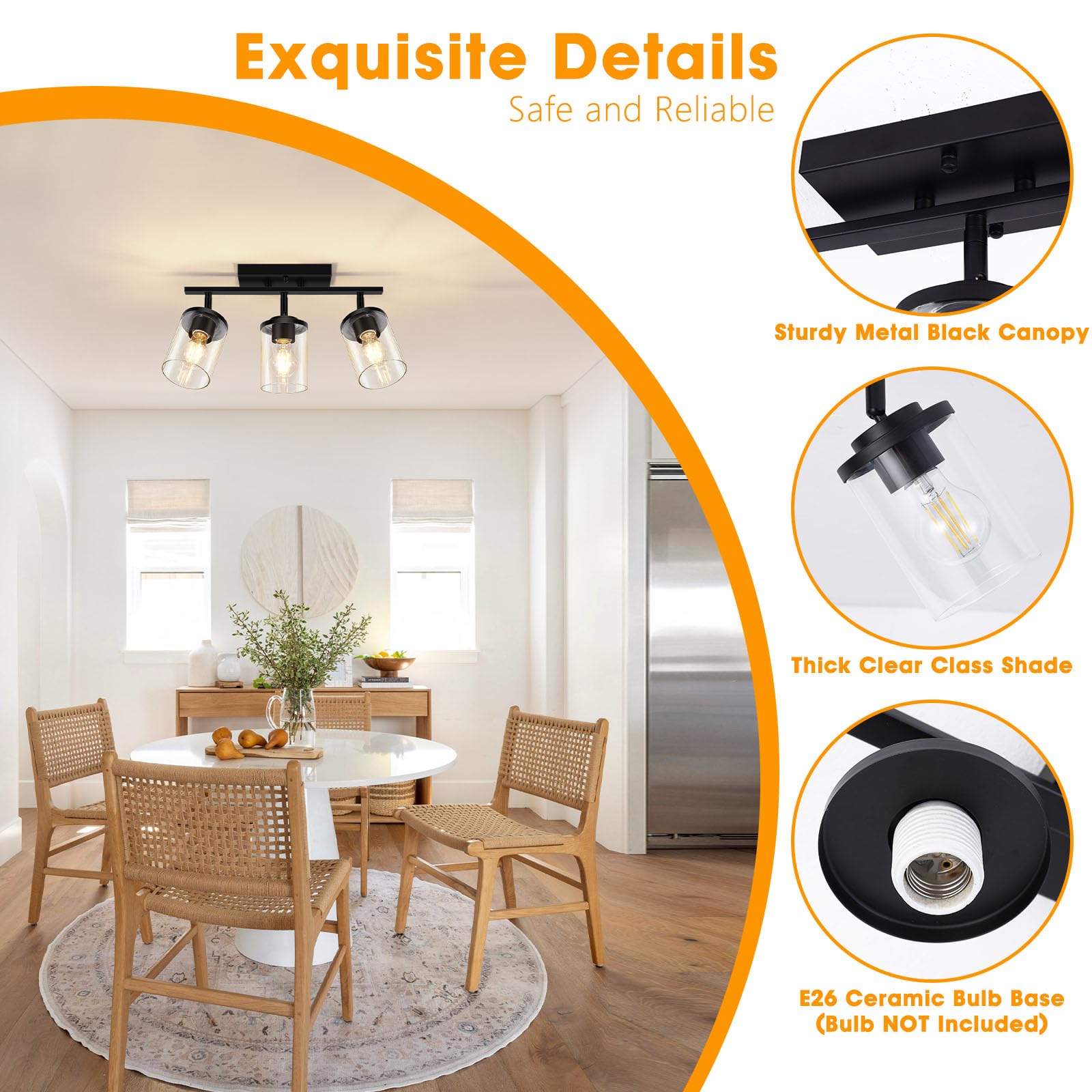 Lámpara de techo semiempotrada de 3 luces con pantalla de vidrio transparente, ajustable direccional negra, accesorios de iluminación de riel para techo, accesorios de cocina giratorios para 3