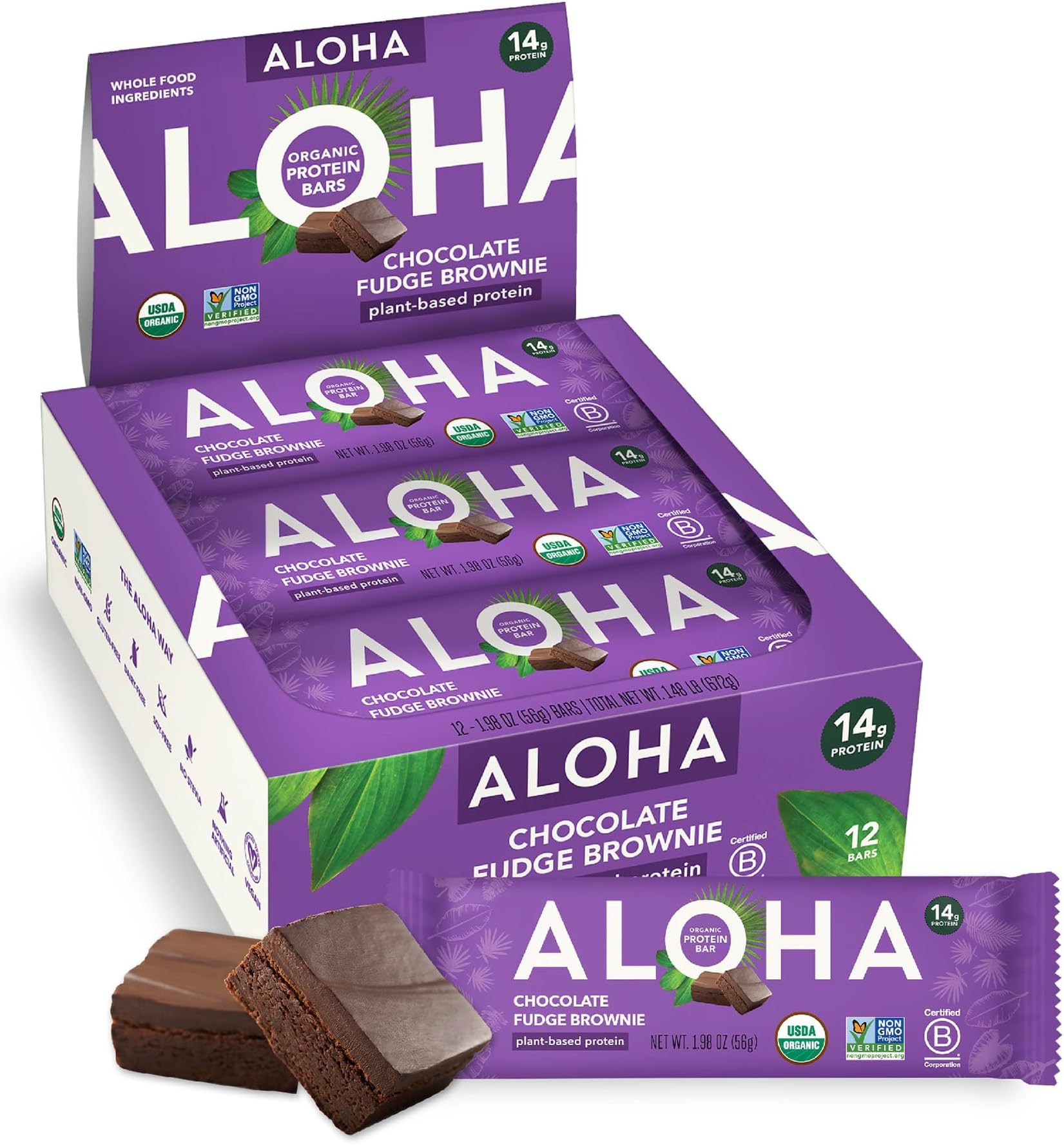 ALOHA Organic Plant Based Protein Bars | Chocolate Fudge Brownie | 12 Count, 1.98oz Bars | Vegan, Low Sugar, Gluten Free, Paleo, Low Carb, Non-GMO, Stevia Free, Soy Free, No Sugar Alcohols