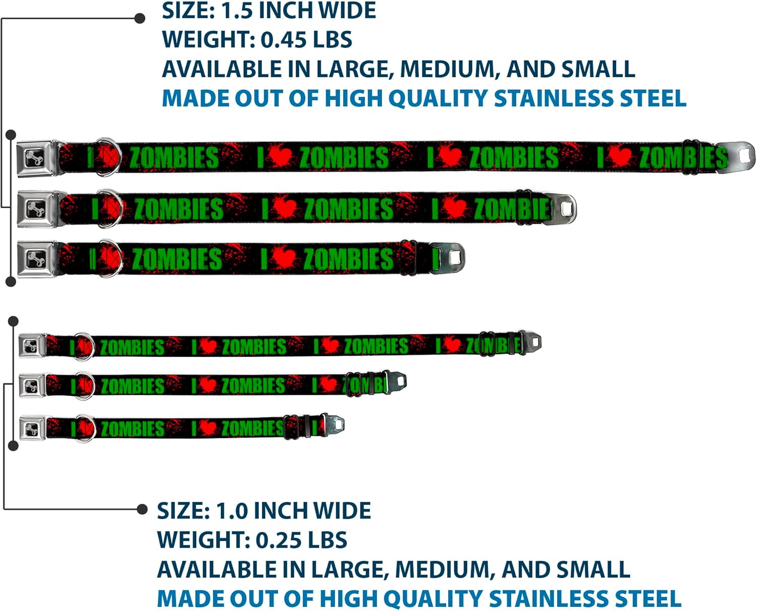 Buckle-Down Seatbelt Buckle Dog Collar - I "Heart" ZOMBIES Bold Splatter Black/Green/Red - 1" Wide - Fits 15-26" Neck - Large