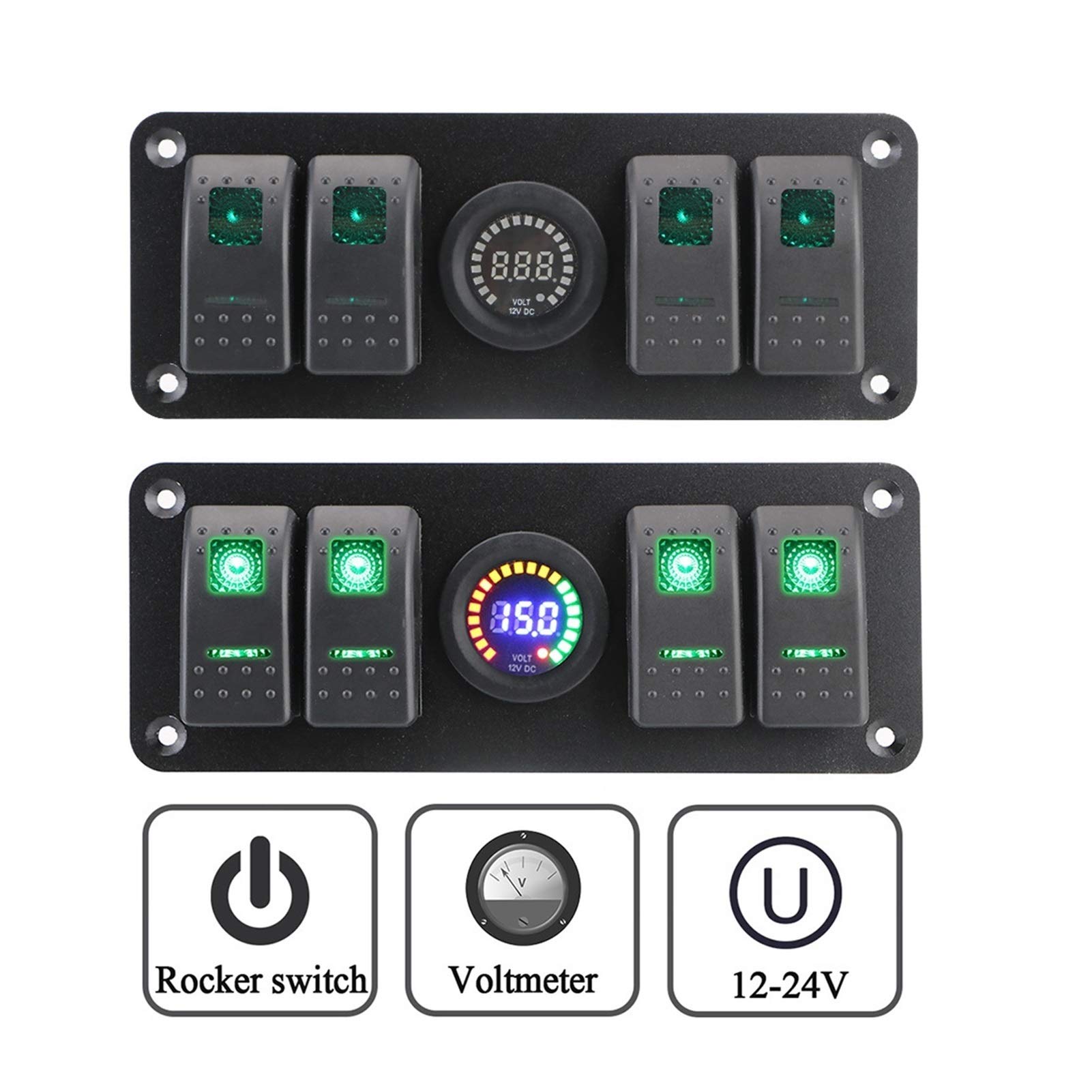 Interruptor de luz doble, for panel interruptor basculante encendido y apagado 4 en 1 12 a 24 V, disyuntor, voltímetro, automóvil, vehículo marino, RV, SUV, yate