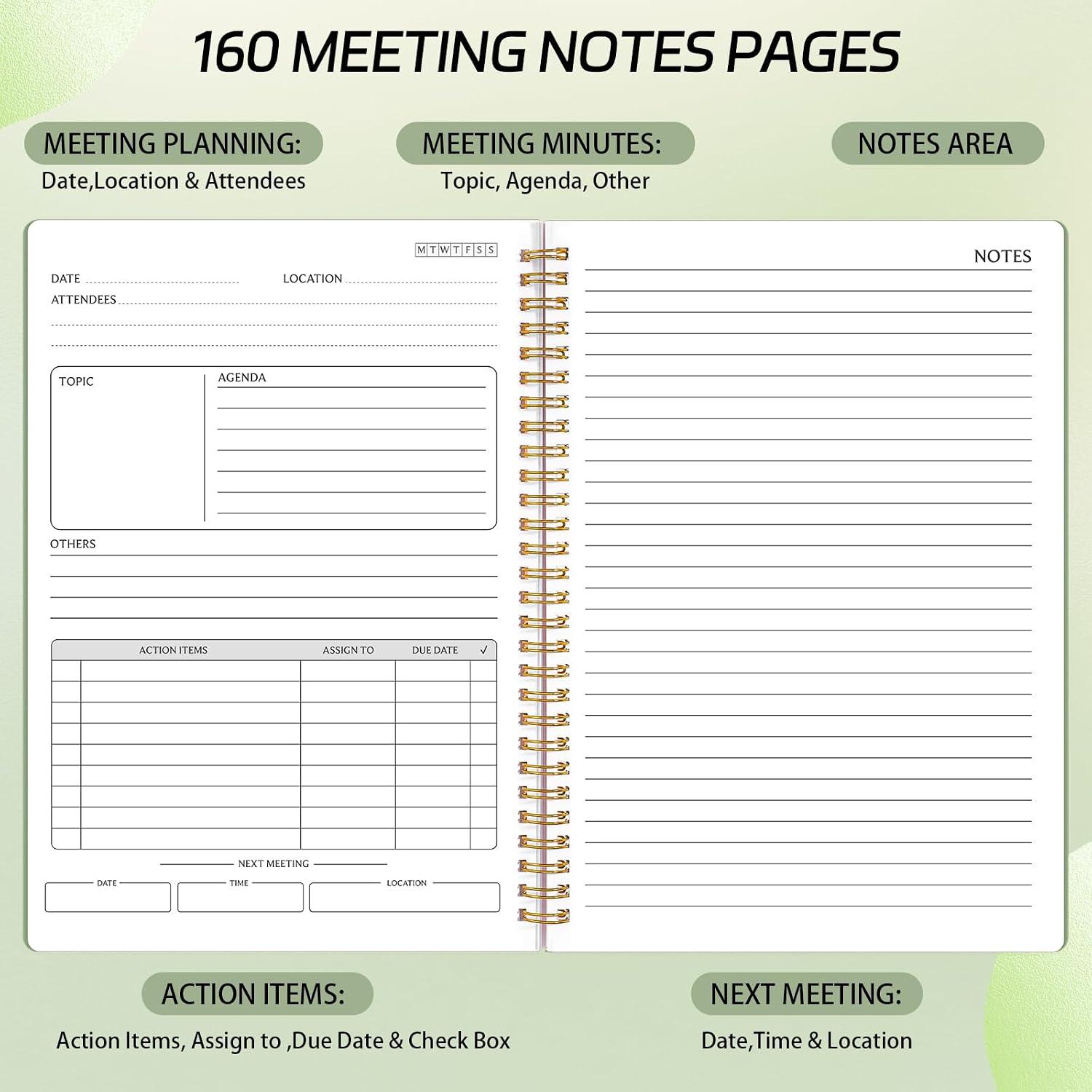 Meeting Notebook, Undated Spiral Bound Hardcover, 7" x 10", Sage Green image 4
