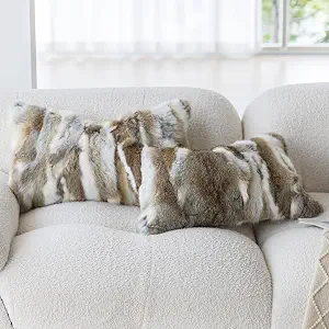 MOOX Rabbit Fur Pillow Covers Set of 2, 12x20 inches, Yellow and White