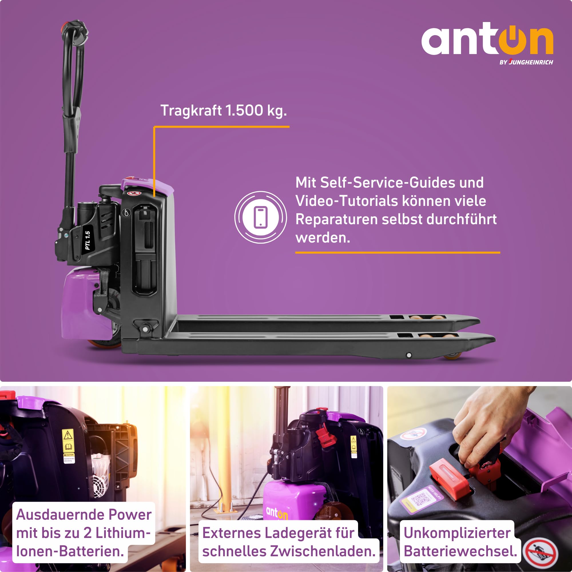 AntOn by Jungheinrich Elektro-Hubwagen | 1.500 kg Tragkraft | 1.150 mm Gabellänge | Lithium-Ionen-Batterie 24 V / 20 Ah | Kurze Ladezeit | externes Ladegerät | 2. Akku integrierbar | E-Hubwagen