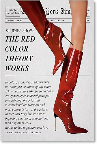 LEKDRA Póster de periódico de teoría del color vintage, diseño retro de botas rojas, arte de pared de lienzo para decoración de habitación de niña