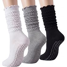 3 Pairs Ruffle Pilates Grip Socks for Women Yoga Grippy Ruffle Long Slouch Sock Non Slip Barre Hospital Socks